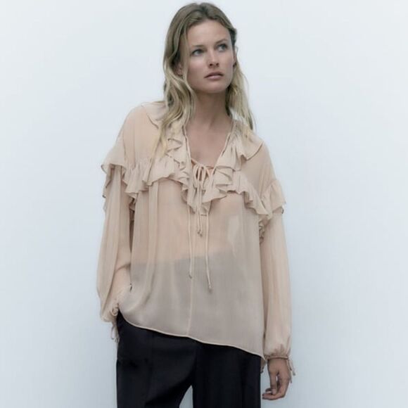 Zara Semi-Sheer Ruffles Blouse New - Picture 8 of 10